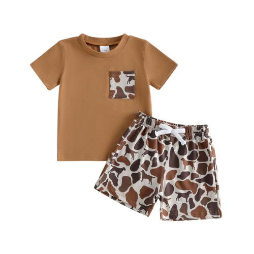 felwors Toddler Baby Boy Summer Clothes Retro Camo Hunting Shirts T-Shirt + Camouflage Shorts Set 6 12 18 24 Months 2T 3T (0-6 Months, Brown)