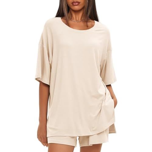 Darong Women's Two Piece Loungewear Set Summer Casual Boxy Shirts Drawstring Shorts Matching Airport Travel Outfit