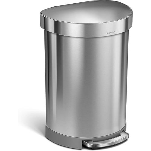 simplehuman 60 Liter Semi-Round Hands-Free Kitchen Step Stainless Steel Trash Can with Soft-Close Lid, Brushed