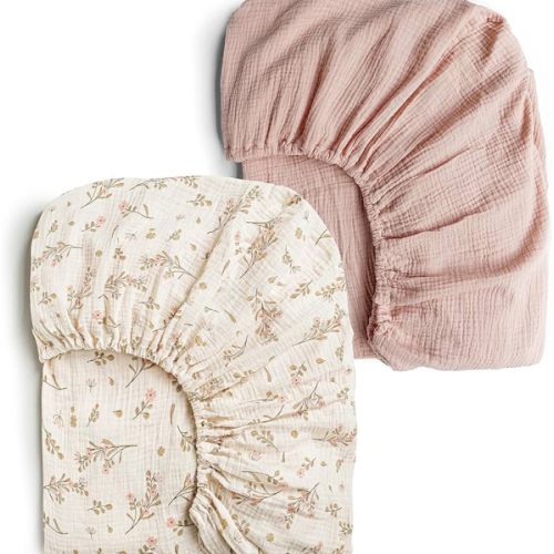 Konssy Muslin Crib Sheets for Girl Boy, 2 PCS Soft and Breathable Cotton Baby Sheets for Standard Crib Mattress, 52"x 28" (Floral, Pink)