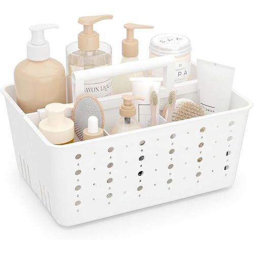 Lifewit Shower Caddy Portable, Cleaning Supplies Caddy Organizer with Handle and Adjustable Dividers, Plastic Shower Basket for Dorm Room Essentials, College, Bathroom, White, 1 Pack