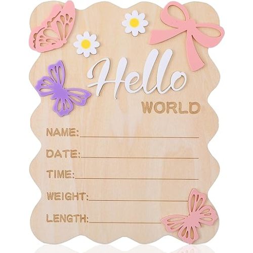 Hello World Newborn Sign, 5.8 x 7.4 Inch Butterfly Daisy Baby Announcement Sign Wooden Bow Birth Welcome Board for Newborn Boys Girls Photo Props Baby Shower Hospital Nursery