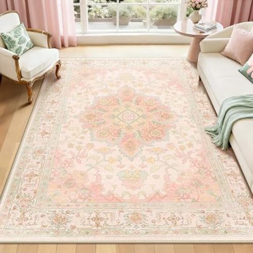 CAPALOCA 5x8 Washable Nursery Girls Low Pile Area Rug Pink Green
