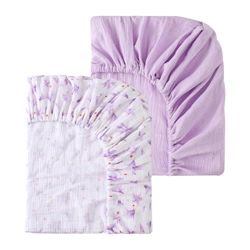 Baby Crib Sheets 2 PCS, 100% Organic Cotton Crib Sheet for Standard Crib Mattress(52”x 28”), Fitted and Soft Breathable Muslin Crib Mattress Sheet for Girl and Boy