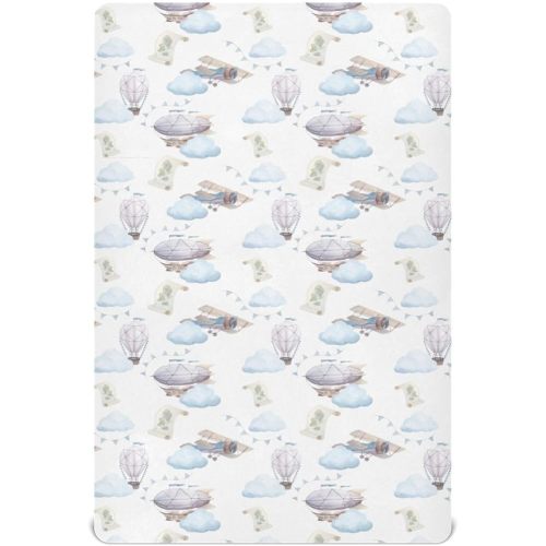 Hot Air Balloon Crib Sheets for Boys Girl Cartoon Airplanes Cloud Transportation Pattern Mattress Cover Unisex Toddler Baby Bed Sheets Fitted Standard Crib Sheets 28x52 Inch