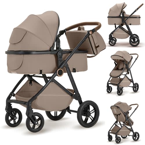 Baby Stroller 2-in-1, Reversible Seat High Landscape Pram for Newborn to Toddler, Foldable Infant Stroller, Adjustable Canopy, Includes Diaper Bag & Foot Cover, 0-36 Months(Brown, Black Tube)