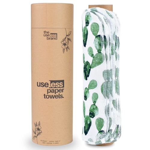 The Useless Brand Reusable Paper Towels Roll | 12 Eco Friendly Washable Cotton Flannel Towels w/Cardboard Roll | Zero Waste & Sustainable | Fits on All Holders (Cactus, 12 Towels)