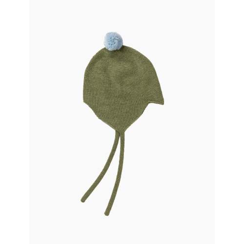 Cashmere Baby Bonnet in Ivy/Spa Blue Pom