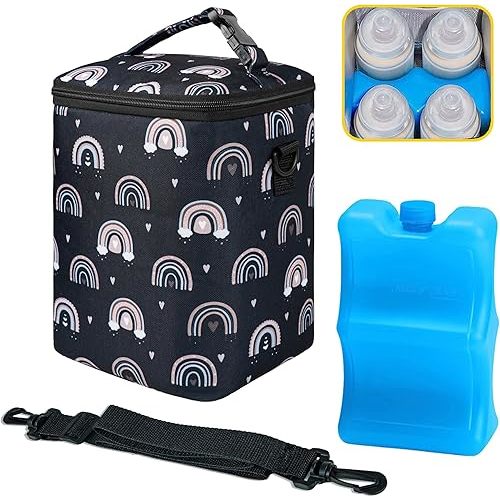 Breastmilk Cooler Bag with Ice Pack Fits 4 Baby Bottles Up To 9 Ounce Insulated Baby Bottle Bag Breast Milk Cooler on the Go with Strap Cooler Bag for Nursing Mom Daycare or Travel