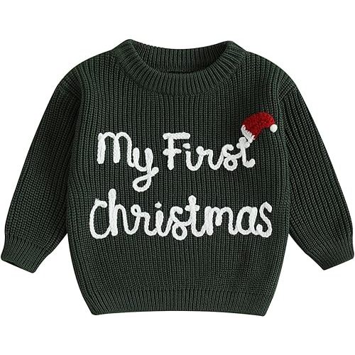 My First Christmas Sweater Baby Boy Girls Knit Sweater Christmas Outfits Letter Embroidery Pullover Tops