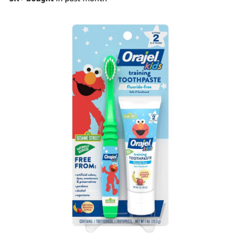 Orajel Elmo Fluoride-Free Tooth & Gum Cleanser with Toothbrush, Combo Pack, Banana Apple Flavored Non-Fluoride, 2 Piece Set
