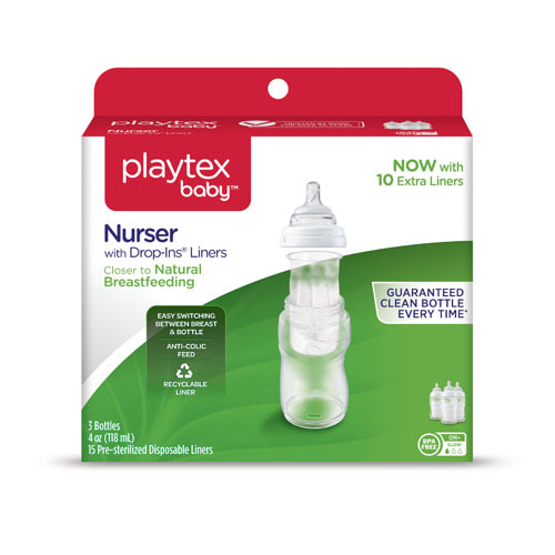 Playtex Nurser With Drop-Ins Liners 4oz Baby Bottle 3-Pack.
