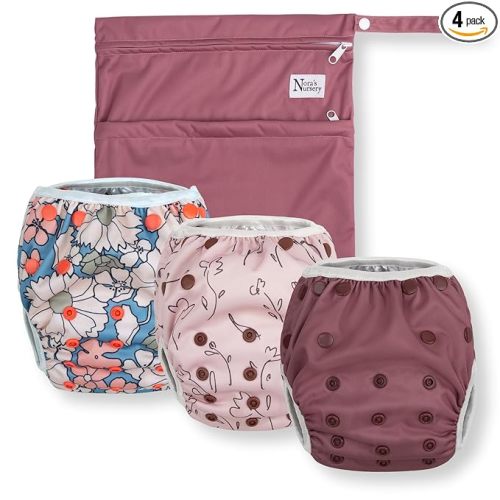 Nora's Nursery Reusable Swim Diapers and Wet Bag - One Size Fully Adjustable - Charleston Rose Unisex 3 Pack with Wet Bag