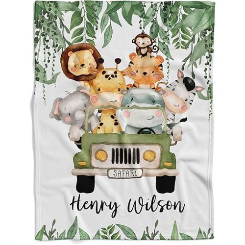 Personalized Safari Baby Blanket, Custom Name Blanket for Boys and Girls, Jungle Nursery Decor, Newborn, Animal Themed Baby Blanket