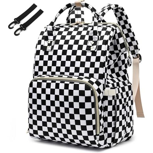 Checkered Diaper Bag Backpack for Baby Girls, Mom Waterproof Large Nappy Bags for Women