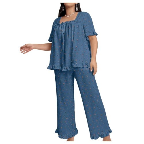 OYOANGLE Women's Plus Size Pajama Set Floral Short Sleeve Sleepwear Ruffle Pants 2 Piece Pjs Lounge Set