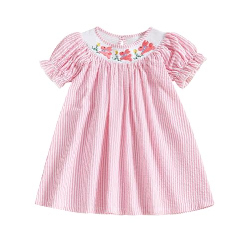 Yxniwxe Toddler Little Kids 4th of July Baby Girl Outfits Smocked Bow USA Embroidery Flutter Sleeve Striped Romper Dress 2-6T