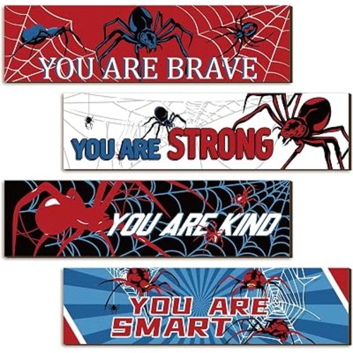 Geetery 4 Pcs Spider Room Decor Bedroom Boys Wall Decor Wooden Decoration