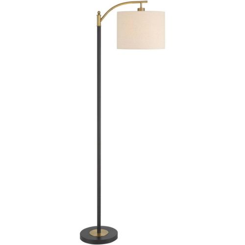 360 Lighting Rayna Mid Century Modern Downbridge Floor Lamp 61 1/2" Tall Black Gold Metal Off White Linen Drum Shade for Living Room Reading Bedroom