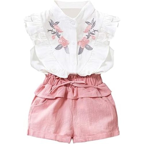 oklady Toddler Girl Clothes Ruffle Floral Embroidery Shirt and Shorts Set