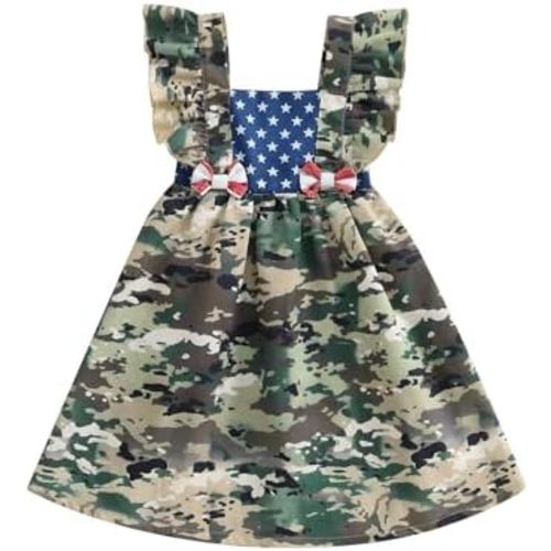 Rtnnsbbfcm Toddler Baby Girl 4th of July Outfit Fly Sleeve Square Neck Star Camouflage Suspender A-line Dress