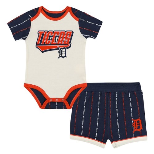 Infant Detroit Tigers Outerstuff White/Navy Lead Run Diaper Cover Bodysuit & Shorts Set
