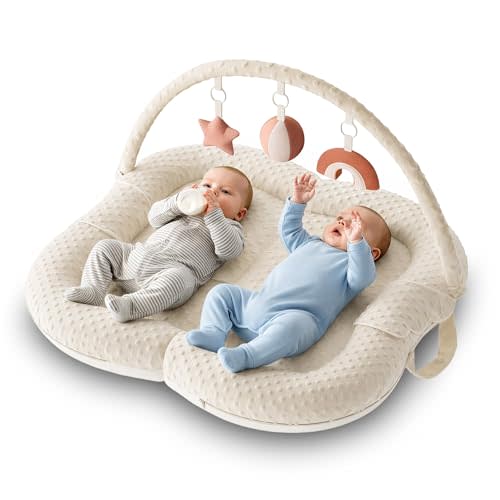 Twins Baby Play Mats for Floor Activity Gym - 5-in-1 Support Cushion Baby Play Mat Tummy Time Mat for Supervised Bonding with Arch, Plush Toys, Flashcards & Developmental Book - Beige