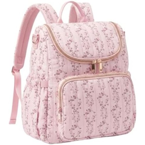 Lushandy Quilted Diaper Bag Backpack, Pink Floral Puffer Diaper Backpack Mom Bag Medium Baby Travel Hospital Bag