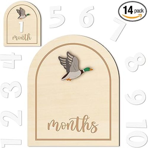 R HORSE Baby Monthly Milestone Cards, 14Pcs 3D Mallard Duck Wooden Monthly Milestone Discs with Number Cards, Newborn Months Signs Announcement Baby Shower Photo Props Gifts for Girls Boys