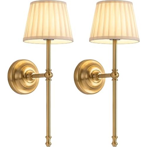 KDG Gold Cordless Wall Sconces Set of 2, Beige Fabric LED Wall Lamps