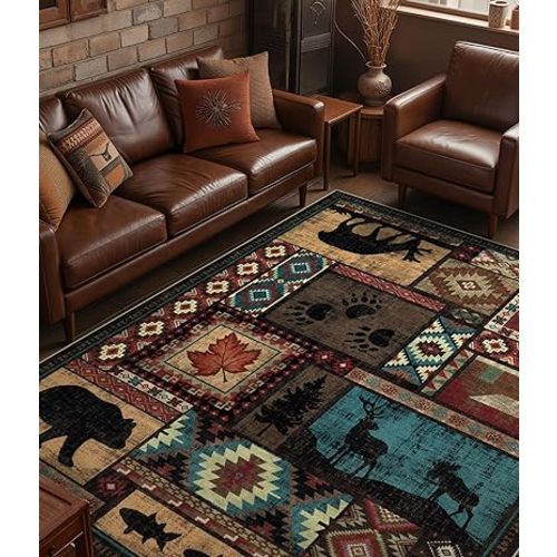 YIHOUSE Rustic Cabin Area Rug 8x10,Machine Washable Lodge Bear Rug,Non-Slip Low Pile Print Pattern Southwestern Rug for Living Room Bedroom