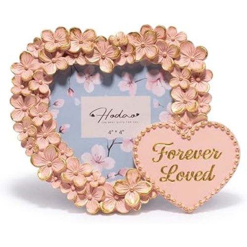 Hodao Heart Picture Frame, Pink Floral Heart-Shaped Resin Photo Frame, 4x4