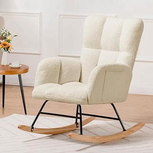 COMHOMA Nursery Rocking Chair, Teddy Upholstered Glider Rocking Chair with Side Pockets, Accent Chair with High Backrest Reading Chair for Adult, Nursery, Bedroom, Living Room,Offices(Beige)