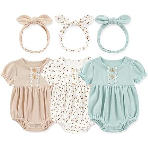 MAMIMAKA Newborn Baby Girl Clothes Cotton Bubble Romper Floral Short Sleeve Bodysuit 3 Pack