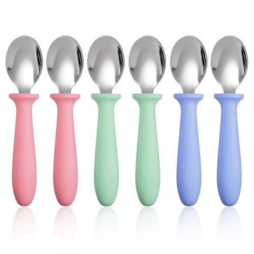 Pimoys 6-Pack Stainless Steel Toddler Spoons Baby & Kids Utensils for Self-Feeding Plastic Handle Dishwasher Safe