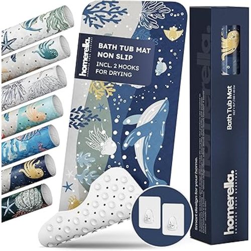 Homerella Baby Bath Tub Mat | Anti Mold Mildew Resistant Non Slip Kids and Adult Bath Tub Shower Mats | 40x16 inch Long with Suction Cups for Secure Grip Hooks for Storage & Drying | Machine Washable