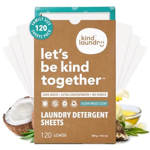 Kind Laundry Detergent Sheets – 120 Loads Ocean Breeze, EWG Verified, No Residue After Wash, Eco Plastic-Free Liquidless Laundry Soap, Non-Toxic Formula, for Sensitive Skin, Travel & Dorm Friendly