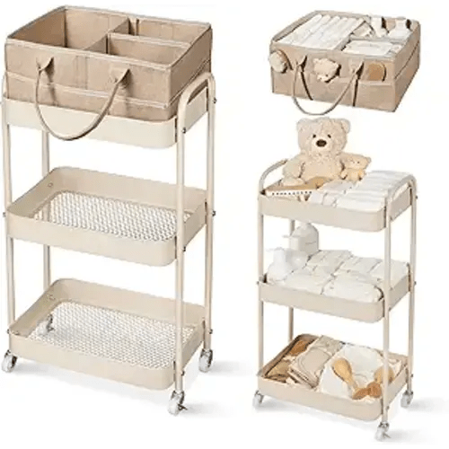 Baby Diaper Caddy, 3 Tier Rolling Storage Cart for Baby Essentials, Diaper Cart with Detachable Dividers, Storage & Baby Bottle Organizer, Nursery Dresser for Bedroom, Living Room (Taupe)