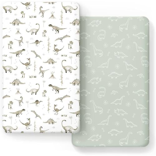 GRSSDER Stretch Ultra Soft Jersey Knit Fitted Crib Sheets Set 2 Pack，Fit All Standard Crib Mattress Pads Safe and Snug, Crib Fitted Sheet for Baby, Dinosaur