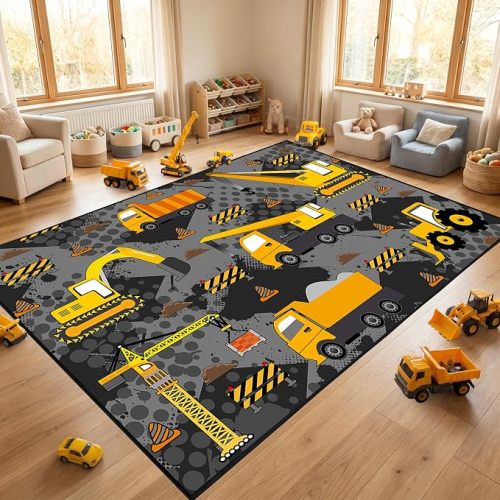Construction Rugs for Boys Room Play Mat for Cars and Trucks PlayMat Kids Rugs for Playroom Car Carpet for Kids Room Construction Decor for Boys Room,Grey 5'×7'