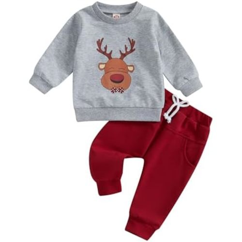 Sasaerucure Infant Baby Boy Christmas Clothes Long Sleeve Shirts + Red Pants Set Toddler Baby Boy Reindeer Outfit