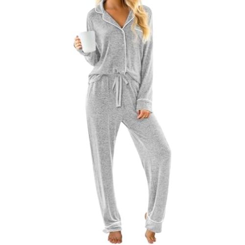 PrinStory Womens Pajama Sets Long Sleeve Pajamas Set Button Down Pjs Sets for Women 2 Piece Lounge Set