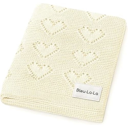 Heirloom Knit Heart Receiving Unisex Blanket for Boys and Girls - 100% Luxury Cotton Baby Blanket - Soft Warm Swaddle Receiving Blanket for Newborns Infants & Toddlers (Ivory)