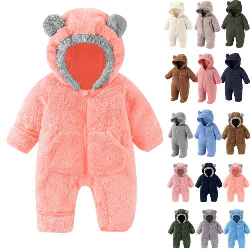Newborn Baby Fleece Footie Snowsuit Unisex Winter Warm Thicken Zip Up Hooded Outfits for Girls Boys