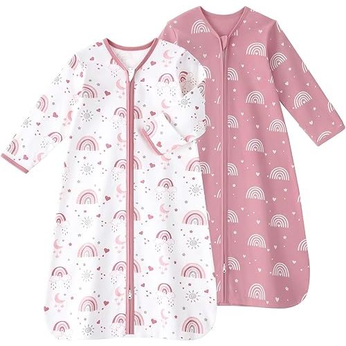 Baby Sleep Sack 0-6 Months, Long Sleeve Baby Wearable Blanket 0.5 Tog with Mittens, 2-Way Zipper Newborn Cotton Sleeping Sack for Boy and Girl Pink Rainbow 2 Pack (Small)