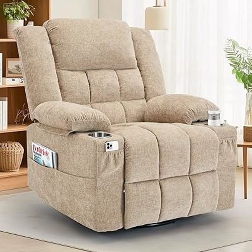 Korser 360° Swivel Rocker Recliner for Adults, Nursery Glider Recliner with Massage and Heating, Rocking Chair with Cup Holder, Manual Recliner Chair for Living Room, Bedroom (Fabric, Khaki)