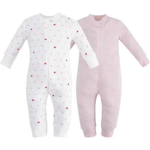 Owlivia Organic Cotton Baby Boy Girl Zip up Sleep N Play, Footless, Long Sleeve(Newborn, Pink Melange & Pink Heart)