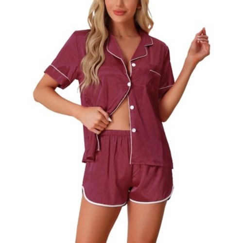cheibear Women's 2 Pcs Satin Silky Short Sleeve Button Down Loungewear Shorts Pajamas Set X-Large Red