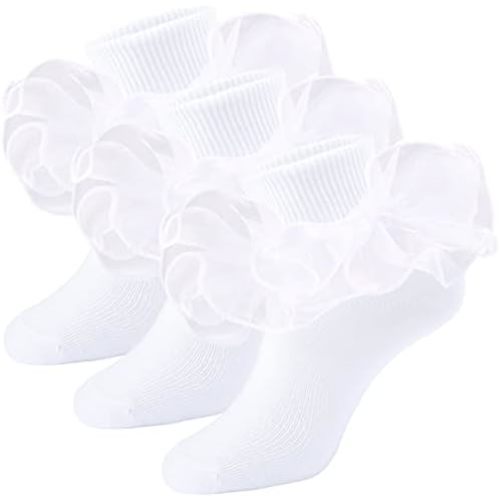 Girls Ruffle Socks Double Lace Frilly Dress Socks Kids Turn Cuff Socks for Toddler Little Girls 2/3 Pack