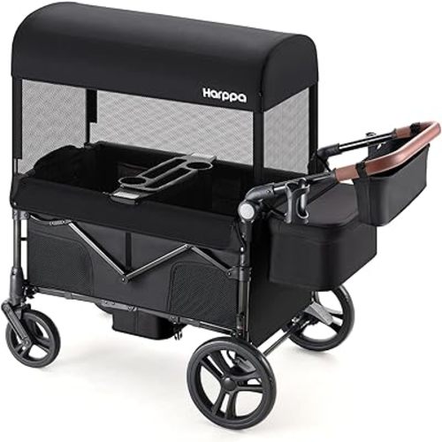 Harppa Remy Foldable Wagon Stroller for 2 Kids with Mosquito Net UPF 50+ Canopy, 110 lbs Capacity, 5-Point Harness, All-Terrain Wheels, Adjustable Handle for Park Zoo Camping Twins and Siblings Black